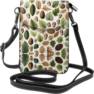 Pinecone Leaf Plant Pattern Small Crossbody Bags for Women Travel Cell Phone Pouch PU Leather Cross Body Bag Adjustable Shoulder Strap Phone Purses Lightweight Wallet Purse with Credit Card Slots