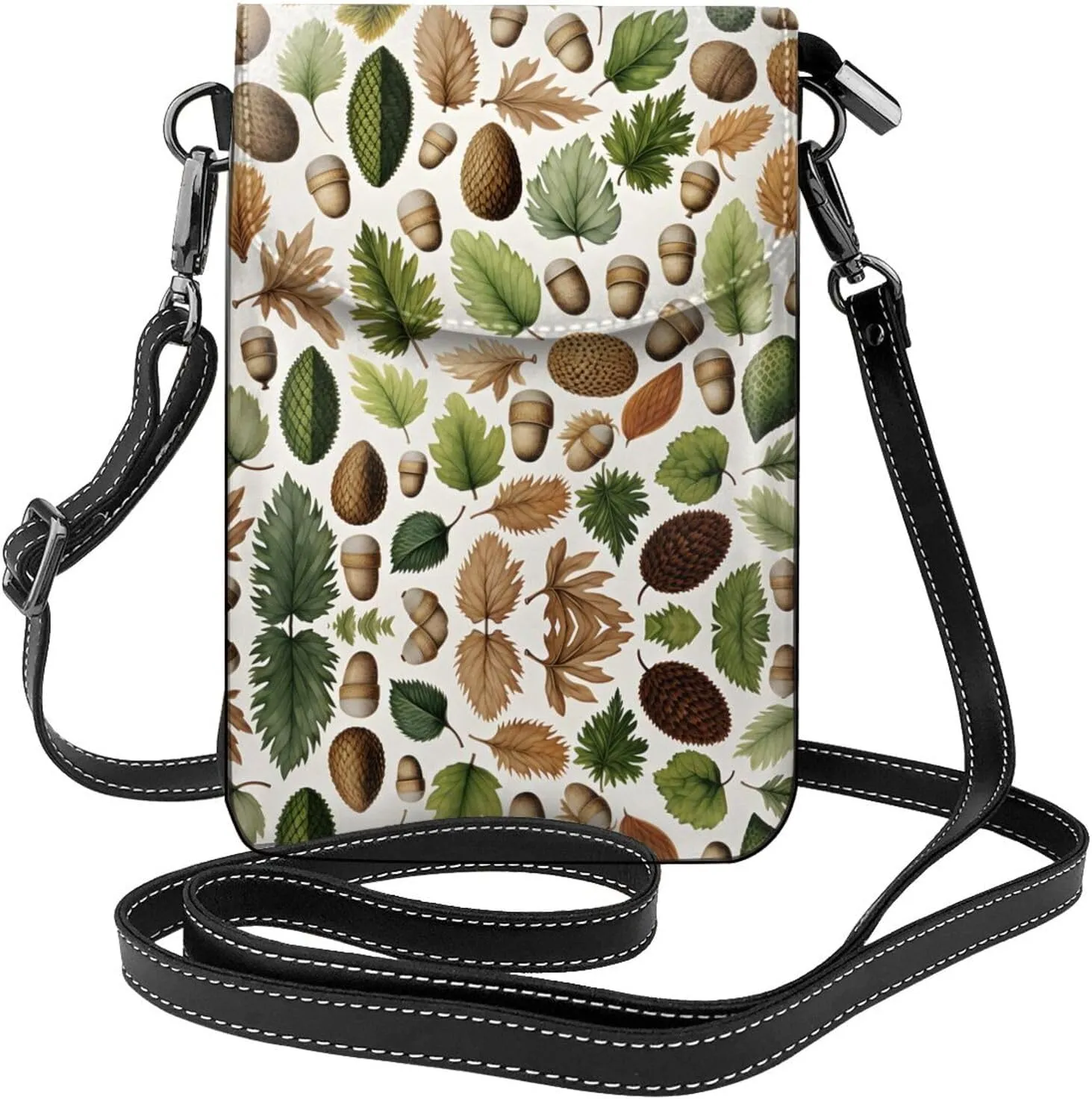 Pinecone Leaf Plant Pattern Small Crossbody Bags for Women Travel Cell Phone Pouch PU Leather Cross Body Bag Adjustable Shoulder Strap Phone Purses Lightweight Wallet Purse with Credit Card Slots