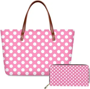 Pink Polka Dot Handbag and Wallet Set Woman Shoulder Bag Top Handle Bag Tote Purse