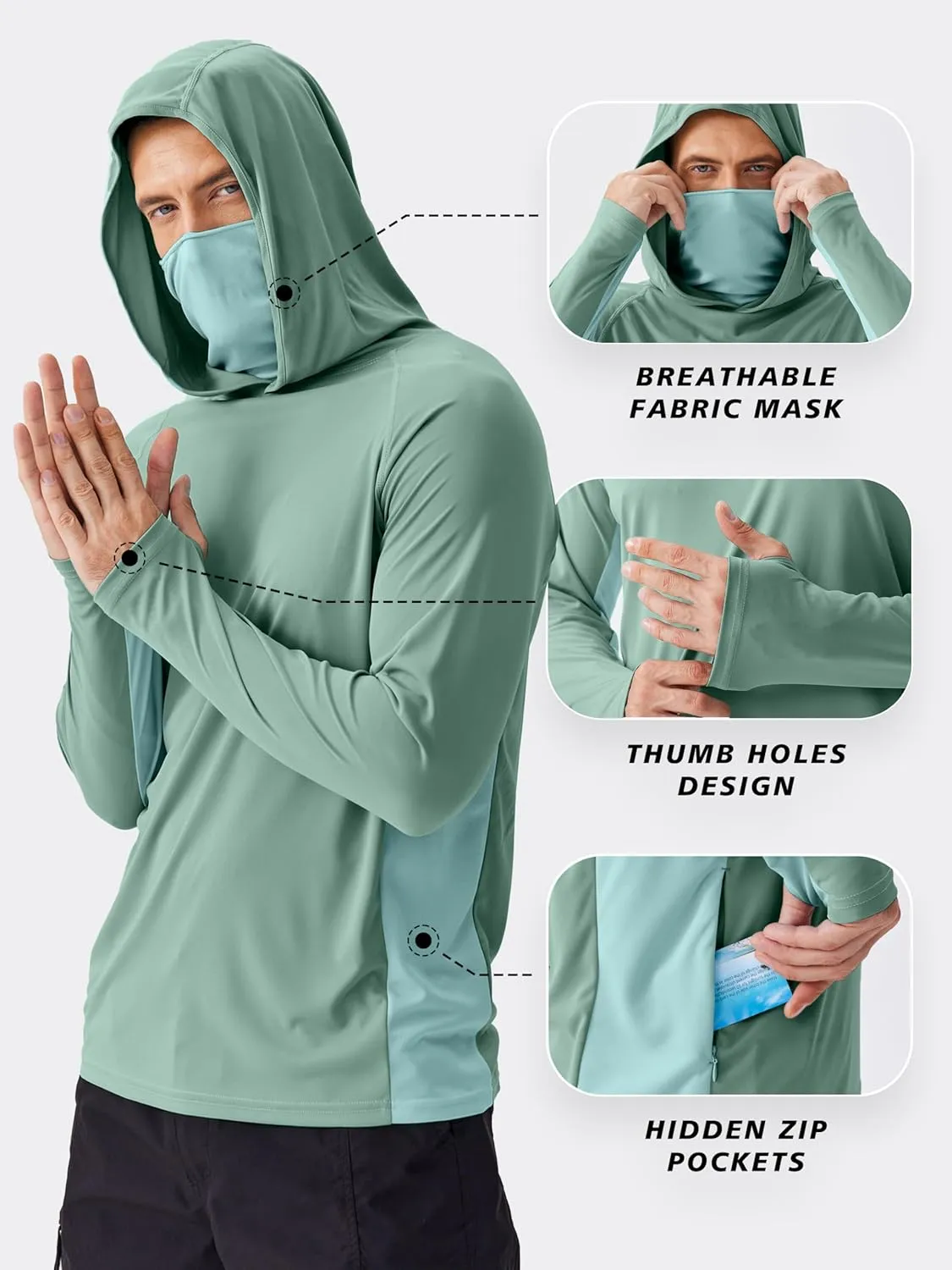 PINSPARK Men's Sun Protection Hoodie with Mask UPF 50  UV Long Sleeve Shirt Men Rash Guard Performance Fishing Hiking Shirt