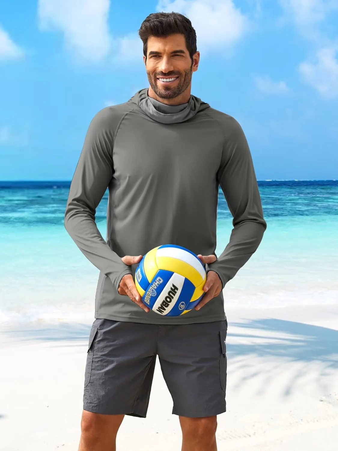 PINSPARK Men's Sun Protection Hoodie with Mask UPF 50  UV Long Sleeve Shirt Men Rash Guard Performance Fishing Hiking Shirt