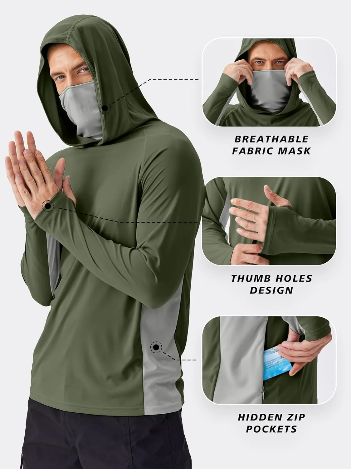 PINSPARK Men's Sun Protection Hoodie with Mask UPF 50  UV Long Sleeve Shirt Men Rash Guard Performance Fishing Hiking Shirt