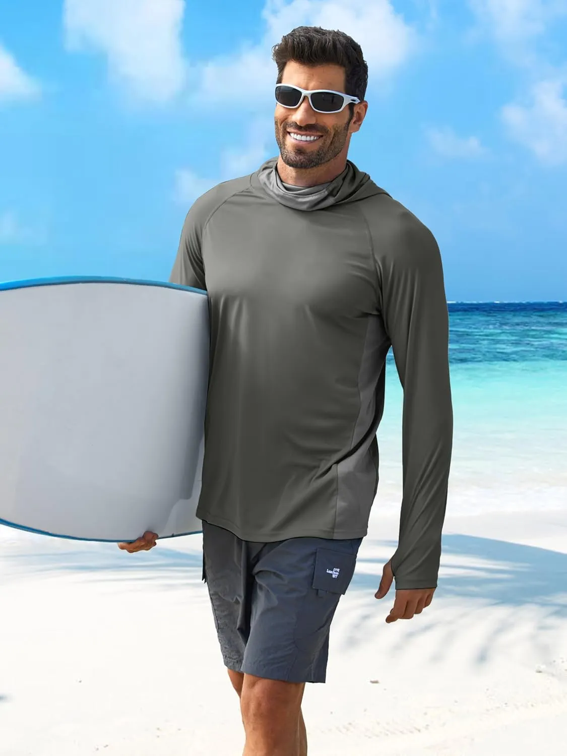 PINSPARK Men's Sun Protection Hoodie with Mask UPF 50  UV Long Sleeve Shirt Men Rash Guard Performance Fishing Hiking Shirt