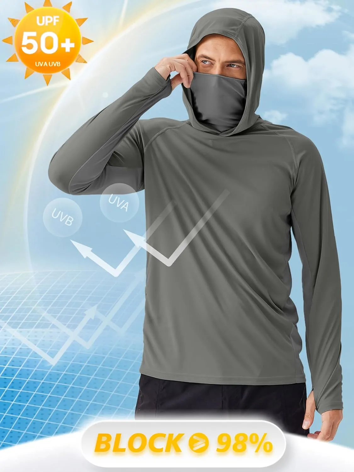 PINSPARK Men's Sun Protection Hoodie with Mask UPF 50  UV Long Sleeve Shirt Men Rash Guard Performance Fishing Hiking Shirt
