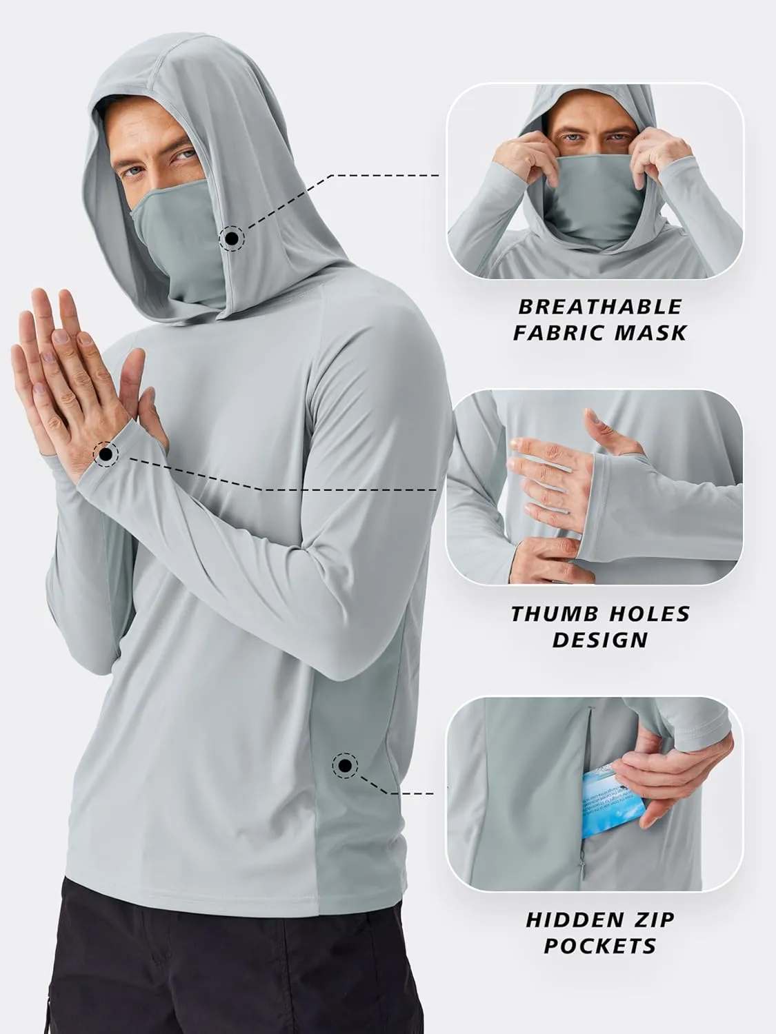 PINSPARK Men's Sun Protection Hoodie with Mask UPF 50  UV Long Sleeve Shirt Men Rash Guard Performance Fishing Hiking Shirt