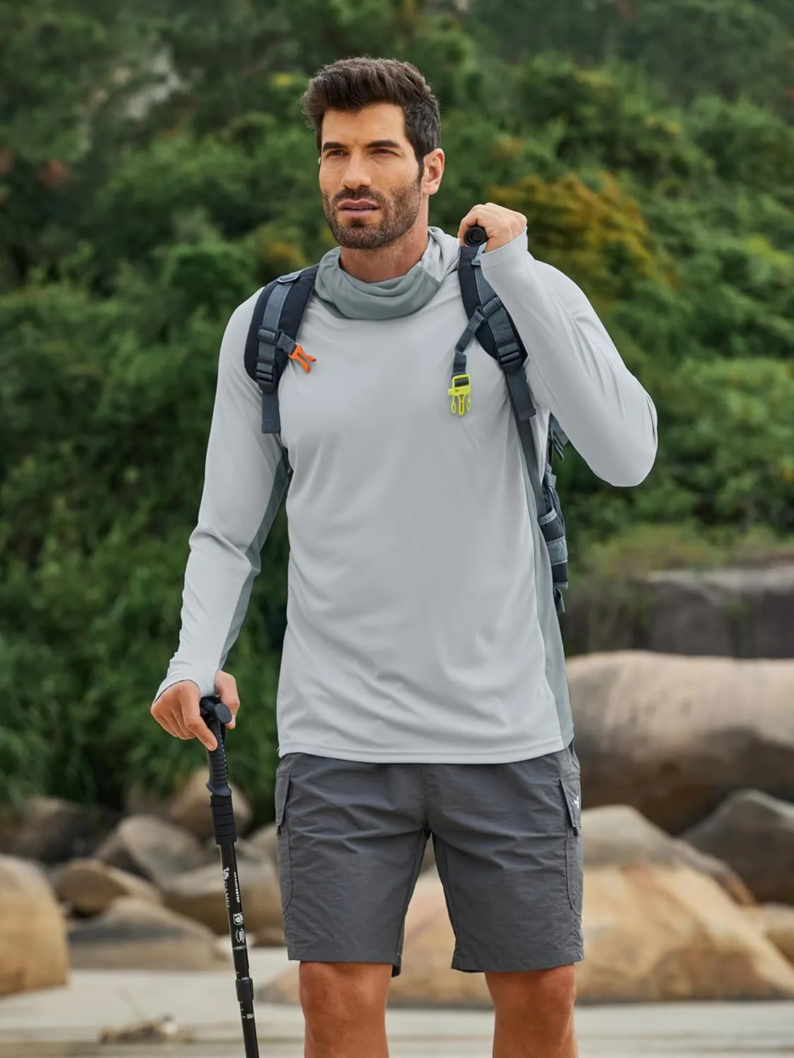 PINSPARK Men's Sun Protection Hoodie with Mask UPF 50  UV Long Sleeve Shirt Men Rash Guard Performance Fishing Hiking Shirt