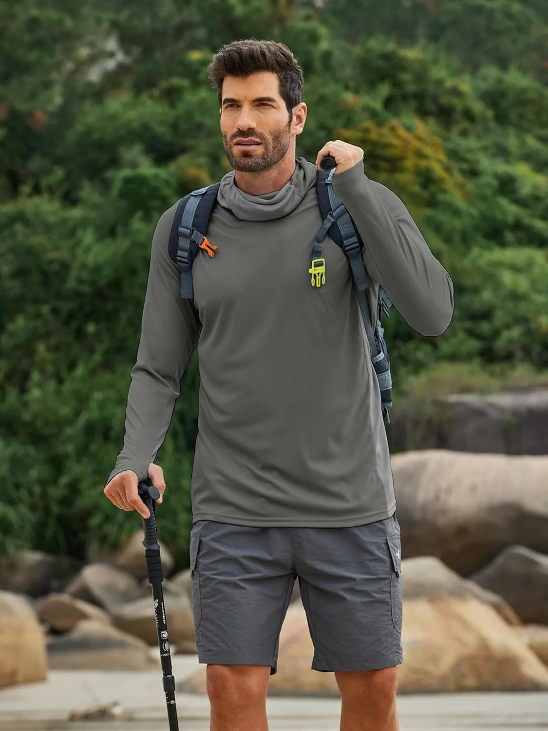 PINSPARK Men's Sun Protection Hoodie with Mask UPF 50  UV Long Sleeve Shirt Men Rash Guard Performance Fishing Hiking Shirt