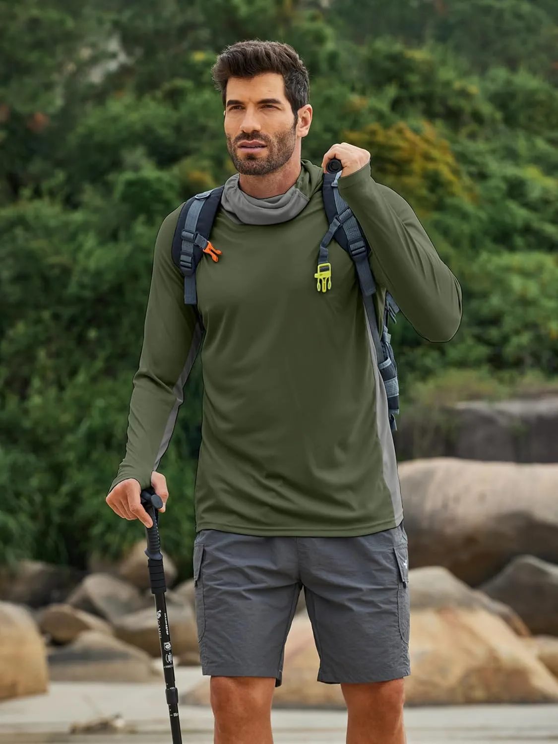 PINSPARK Men's Sun Protection Hoodie with Mask UPF 50  UV Long Sleeve Shirt Men Rash Guard Performance Fishing Hiking Shirt