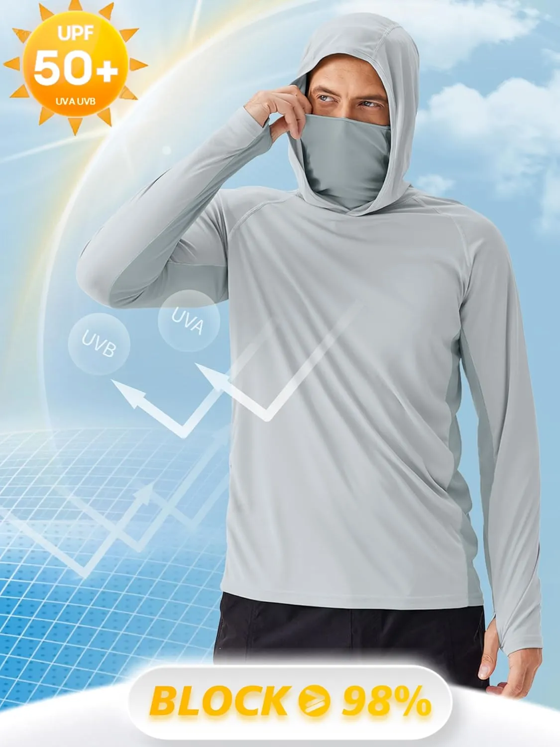 PINSPARK Men's Sun Protection Hoodie with Mask UPF 50  UV Long Sleeve Shirt Men Rash Guard Performance Fishing Hiking Shirt