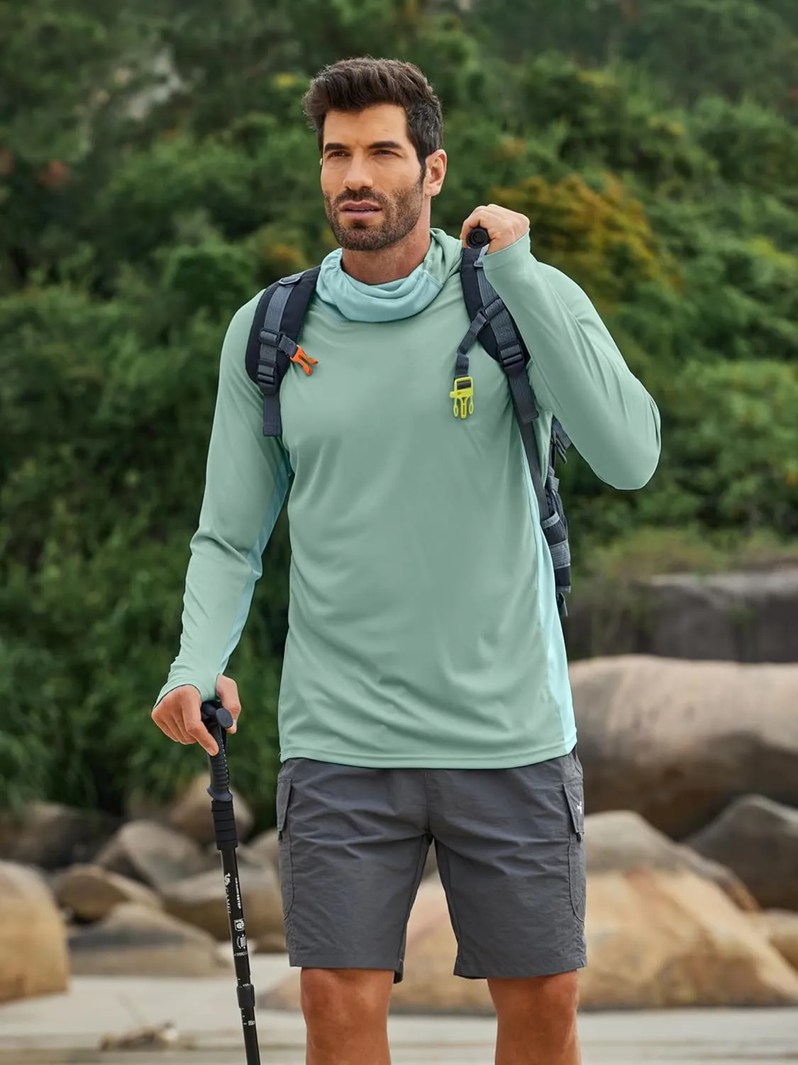 PINSPARK Men's Sun Protection Hoodie with Mask UPF 50  UV Long Sleeve Shirt Men Rash Guard Performance Fishing Hiking Shirt
