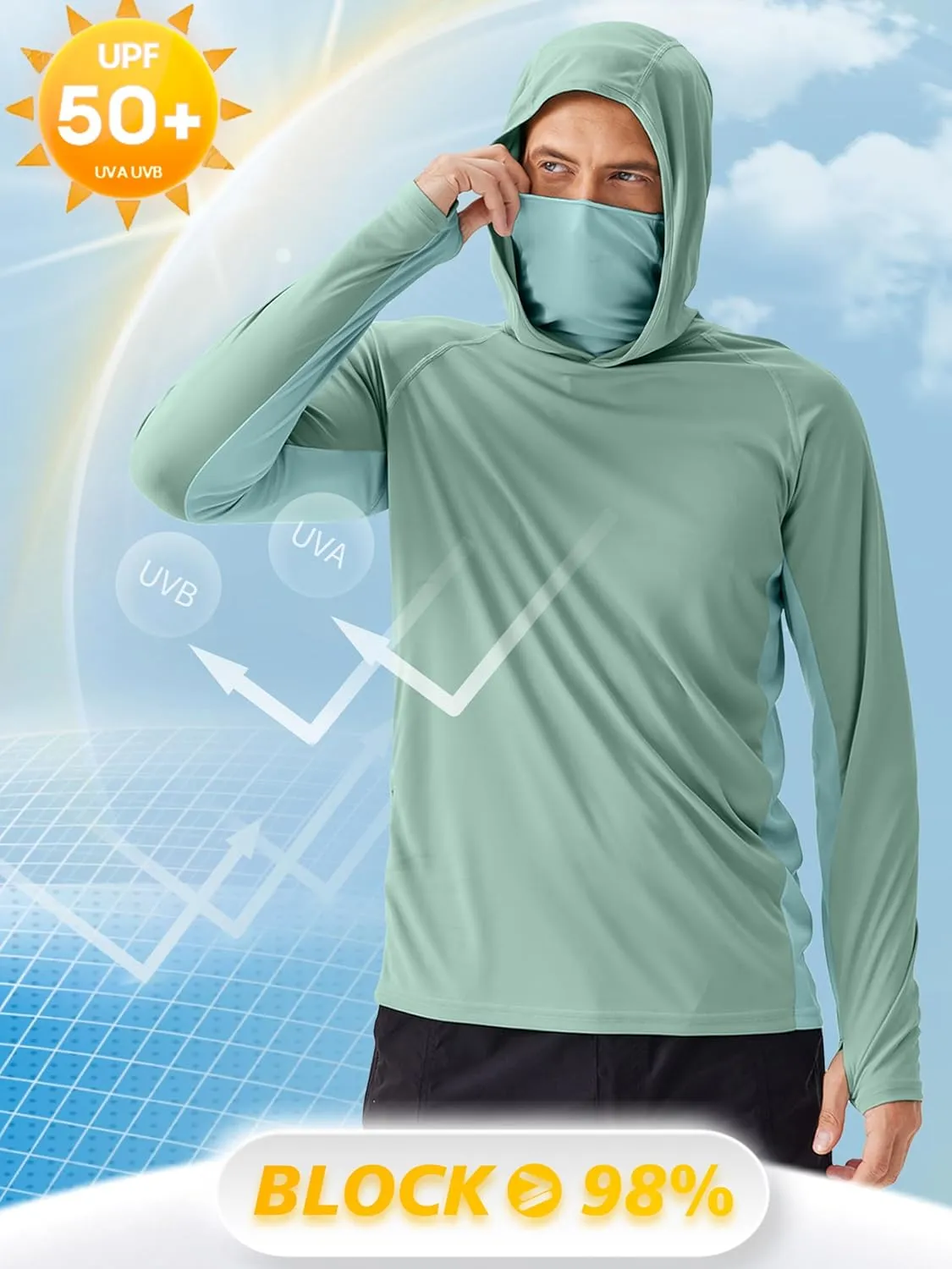 PINSPARK Men's Sun Protection Hoodie with Mask UPF 50  UV Long Sleeve Shirt Men Rash Guard Performance Fishing Hiking Shirt