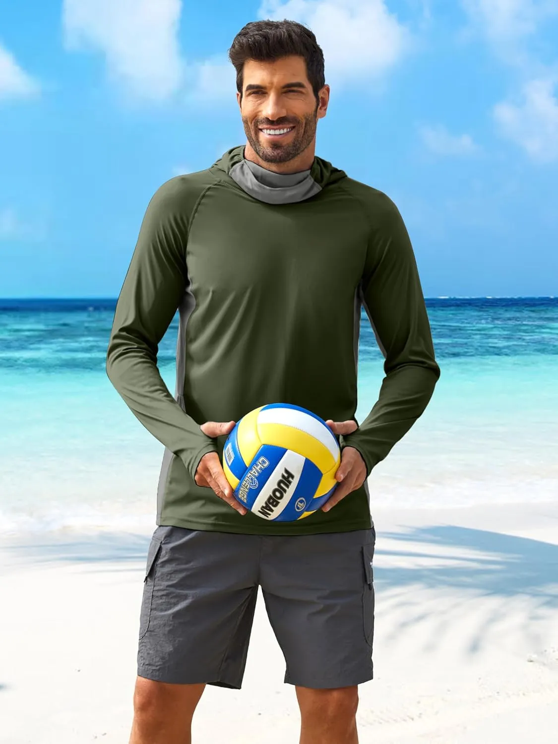 PINSPARK Men's Sun Protection Hoodie with Mask UPF 50  UV Long Sleeve Shirt Men Rash Guard Performance Fishing Hiking Shirt