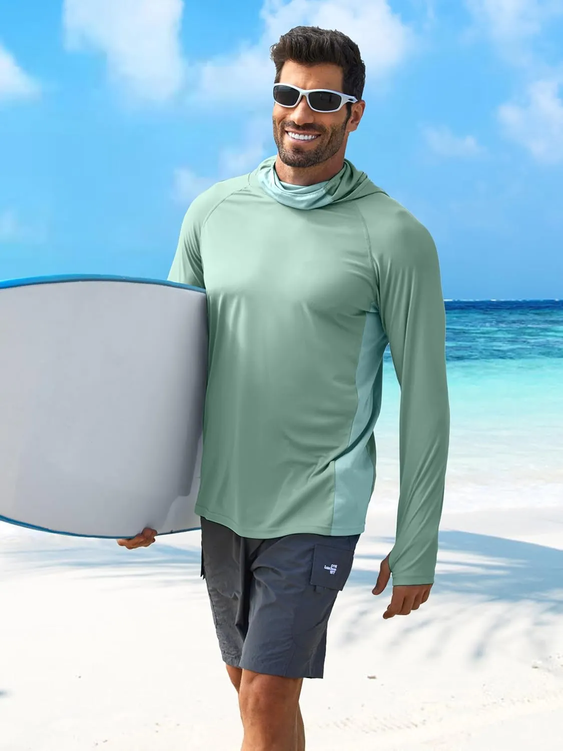 PINSPARK Men's Sun Protection Hoodie with Mask UPF 50  UV Long Sleeve Shirt Men Rash Guard Performance Fishing Hiking Shirt