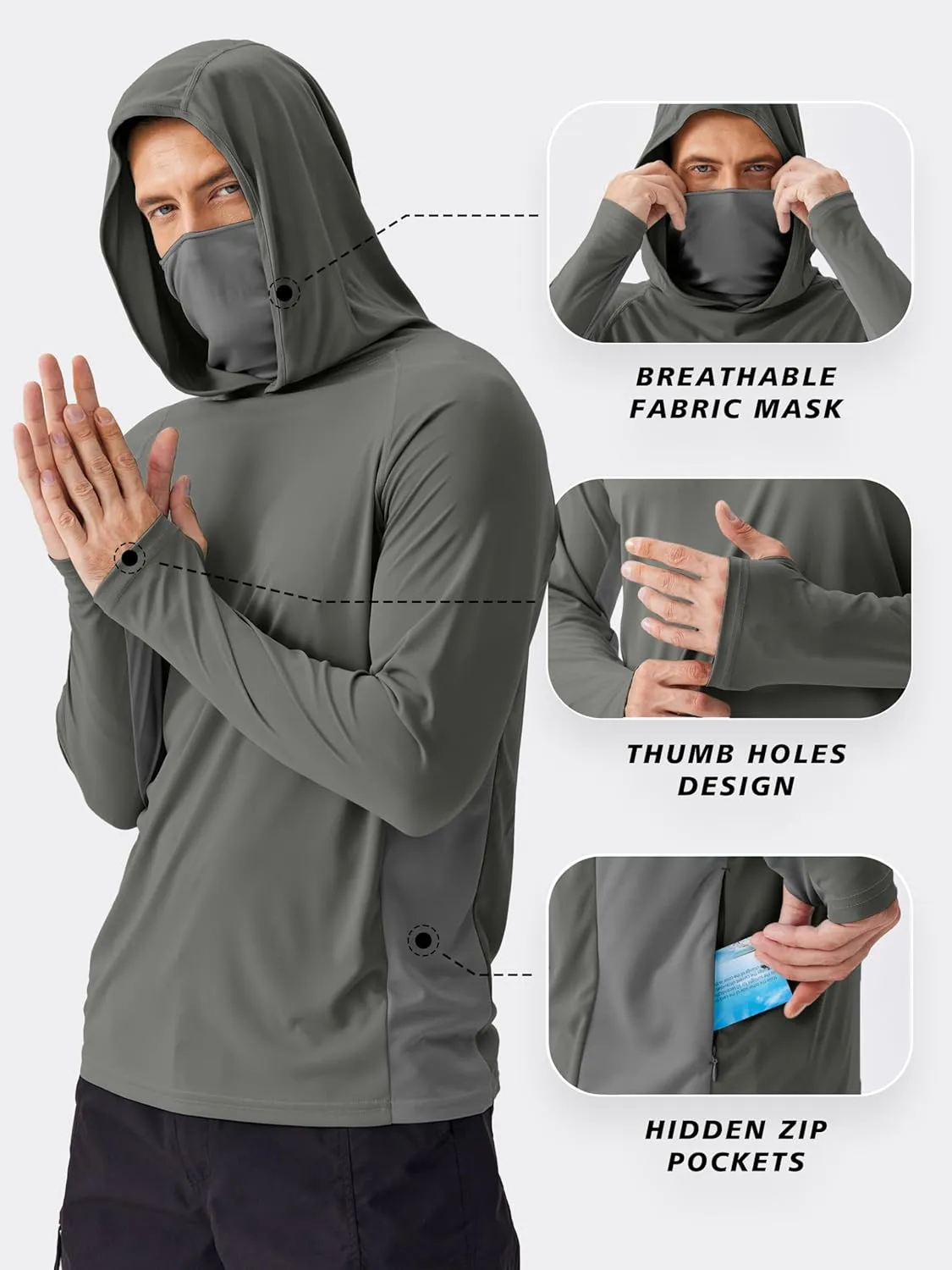 PINSPARK Men's Sun Protection Hoodie with Mask UPF 50  UV Long Sleeve Shirt Men Rash Guard Performance Fishing Hiking Shirt