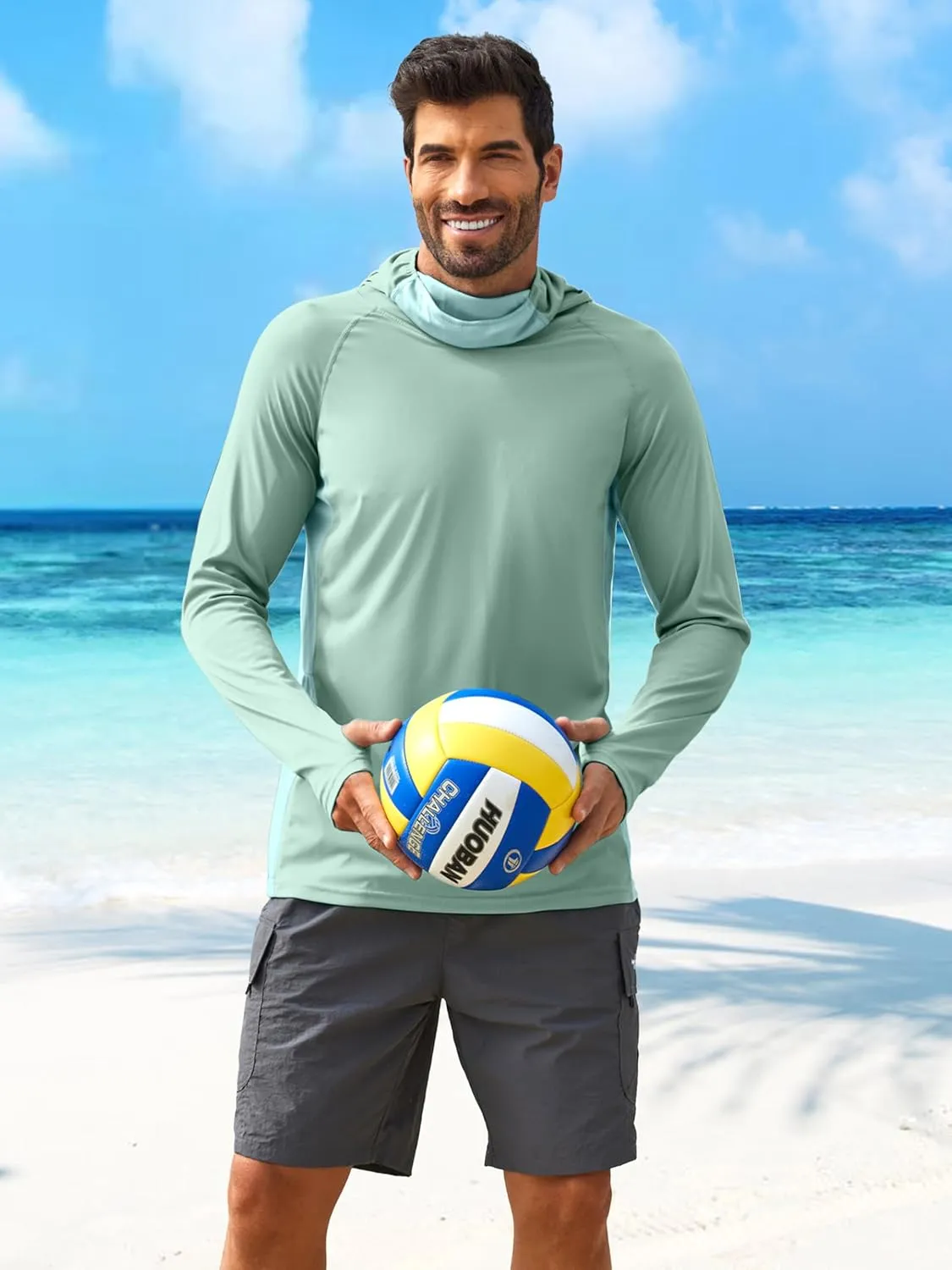PINSPARK Men's Sun Protection Hoodie with Mask UPF 50  UV Long Sleeve Shirt Men Rash Guard Performance Fishing Hiking Shirt