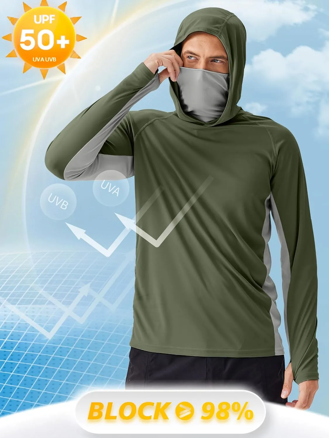 PINSPARK Men's Sun Protection Hoodie with Mask UPF 50  UV Long Sleeve Shirt Men Rash Guard Performance Fishing Hiking Shirt