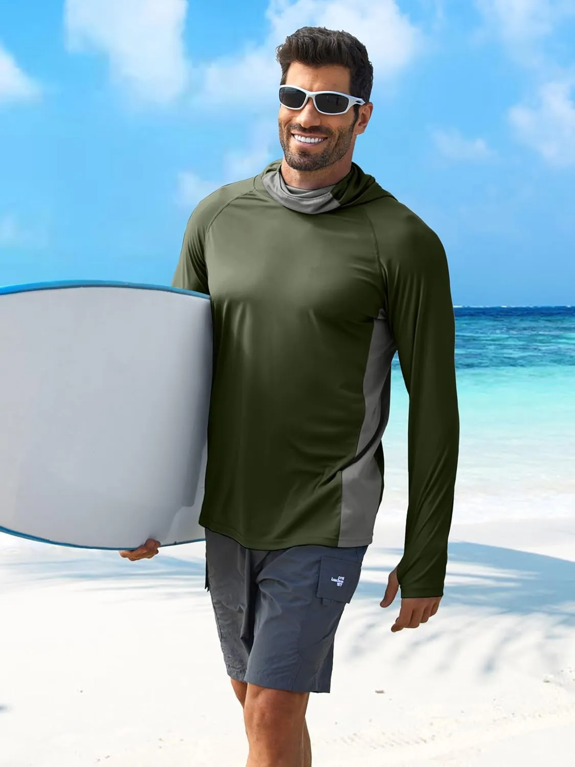 PINSPARK Men's Sun Protection Hoodie with Mask UPF 50  UV Long Sleeve Shirt Men Rash Guard Performance Fishing Hiking Shirt