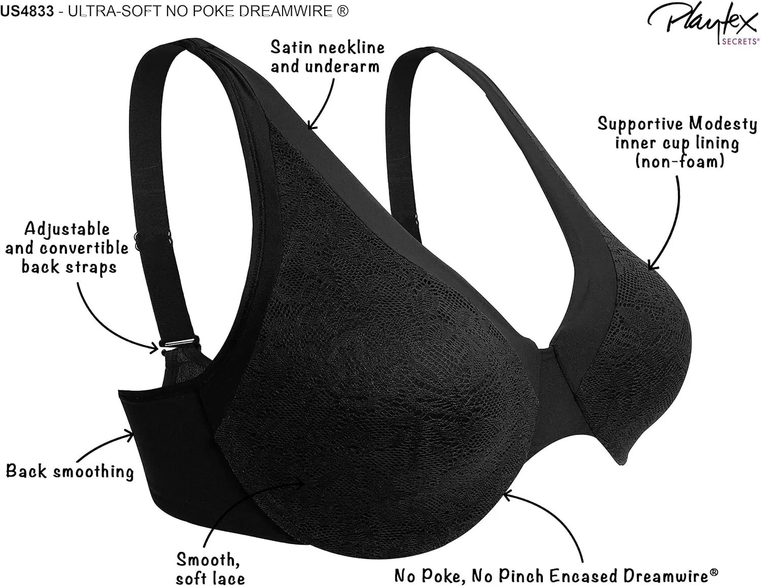 Playtex Women's Secrets Underwire Bra 4833, Ultra-Soft No-Poke, Back Smoothing Bra