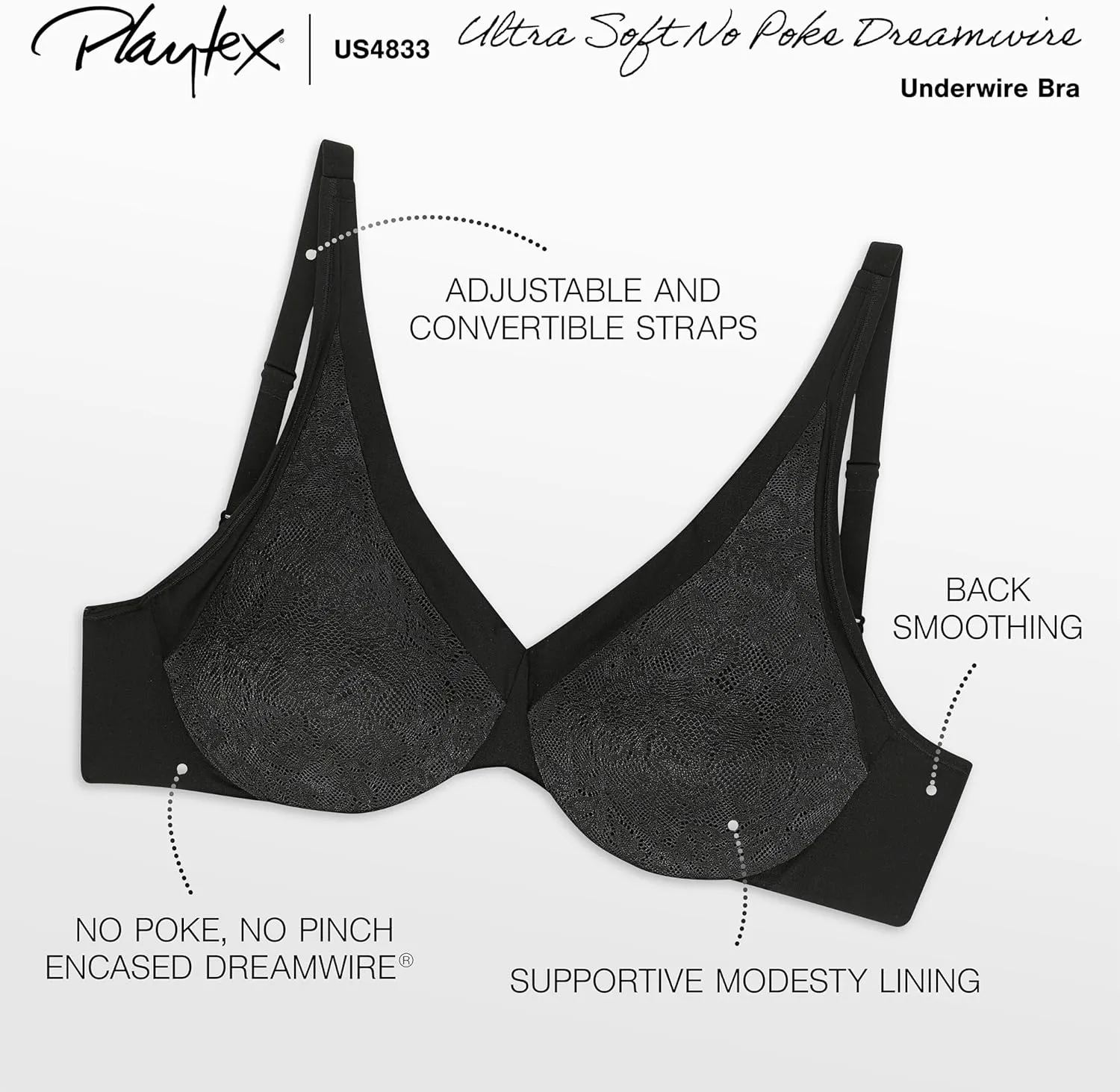 Playtex Women's Secrets Underwire Bra 4833, Ultra-Soft No-Poke, Back Smoothing Bra