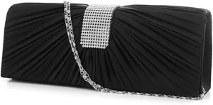 Pleated Purses for Women Bridal Clutch Bag Rhinestones Satin Material Magnetic Snap Closure Black