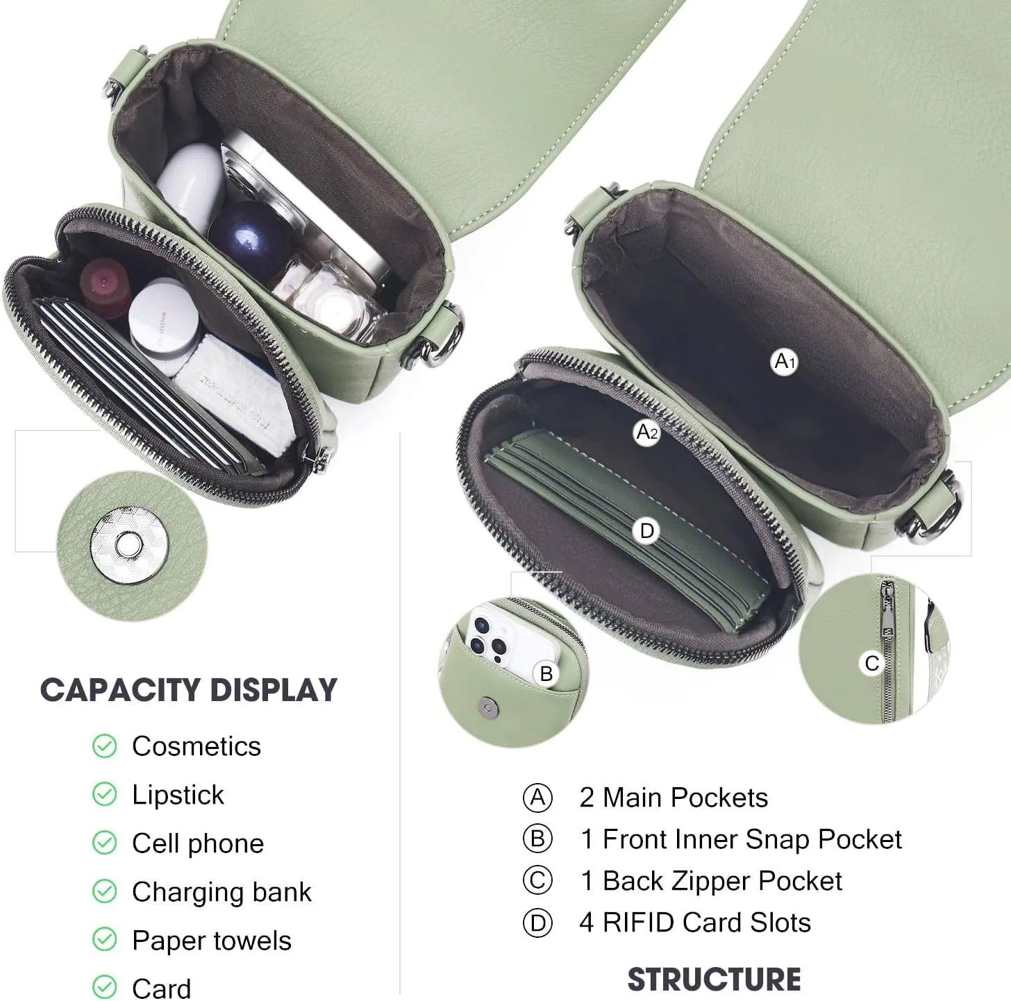 POIUGOYA Small Crossbody Bags for Women Trendy,Leather Triple Compartment Cell Phone Crossbody Wallet Purses with Card Slots