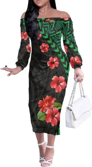 Polynesian Tribal Clothing Off Shoulder Ruffles Samoan Puletasi Dresses Women Puletasi Samoa Party Club Dress