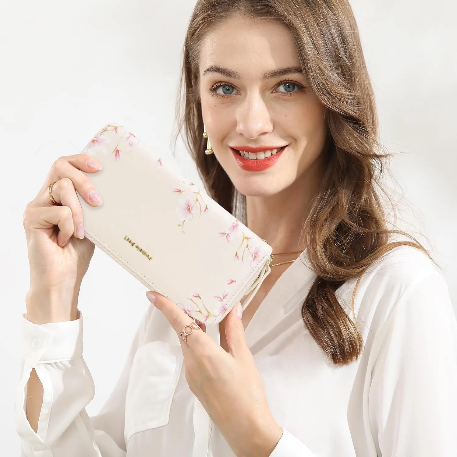 Pomelo Best Womens Wallet RFID Blocking Leather Multi Credit Card Large Capacity Zip Around Wallet Clutch Wristlet Floral Travel Long Purse Ivory White