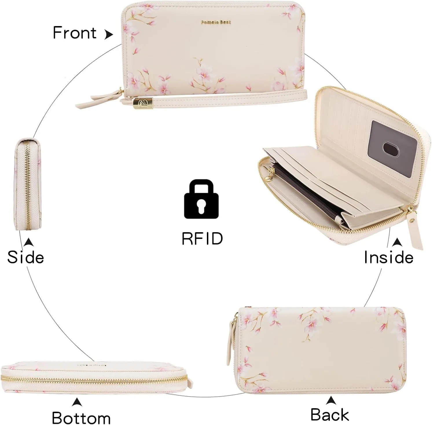 Pomelo Best Womens Wallet RFID Blocking Leather Multi Credit Card Large Capacity Zip Around Wallet Clutch Wristlet Floral Travel Long Purse Ivory White