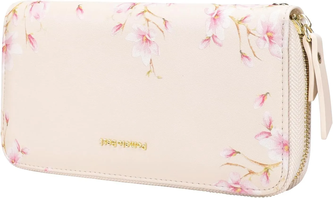 Pomelo Best Womens Wallet RFID Blocking Leather Multi Credit Card Large Capacity Zip Around Wallet Clutch Wristlet Floral Travel Long Purse Ivory White