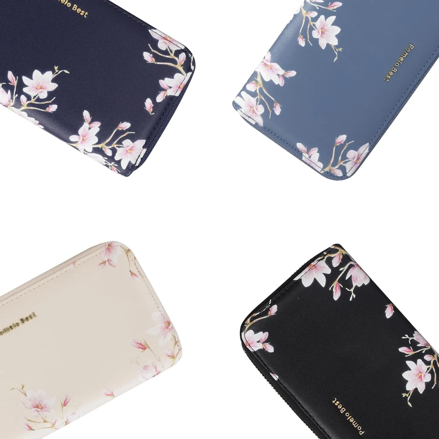 Pomelo Best Womens Wallet RFID Blocking Leather Multi Credit Card Large Capacity Zip Around Wallet Clutch Wristlet Floral Travel Long Purse Ivory White