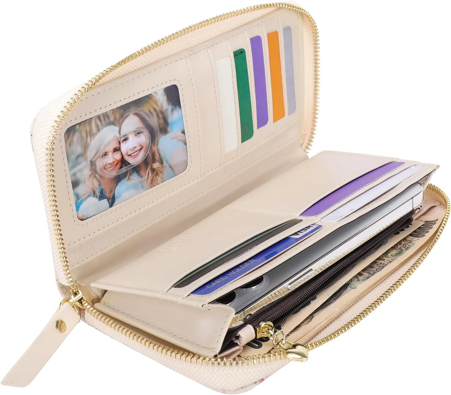 Pomelo Best Womens Wallet RFID Blocking Leather Multi Credit Card Large Capacity Zip Around Wallet Clutch Wristlet Floral Travel Long Purse Ivory White