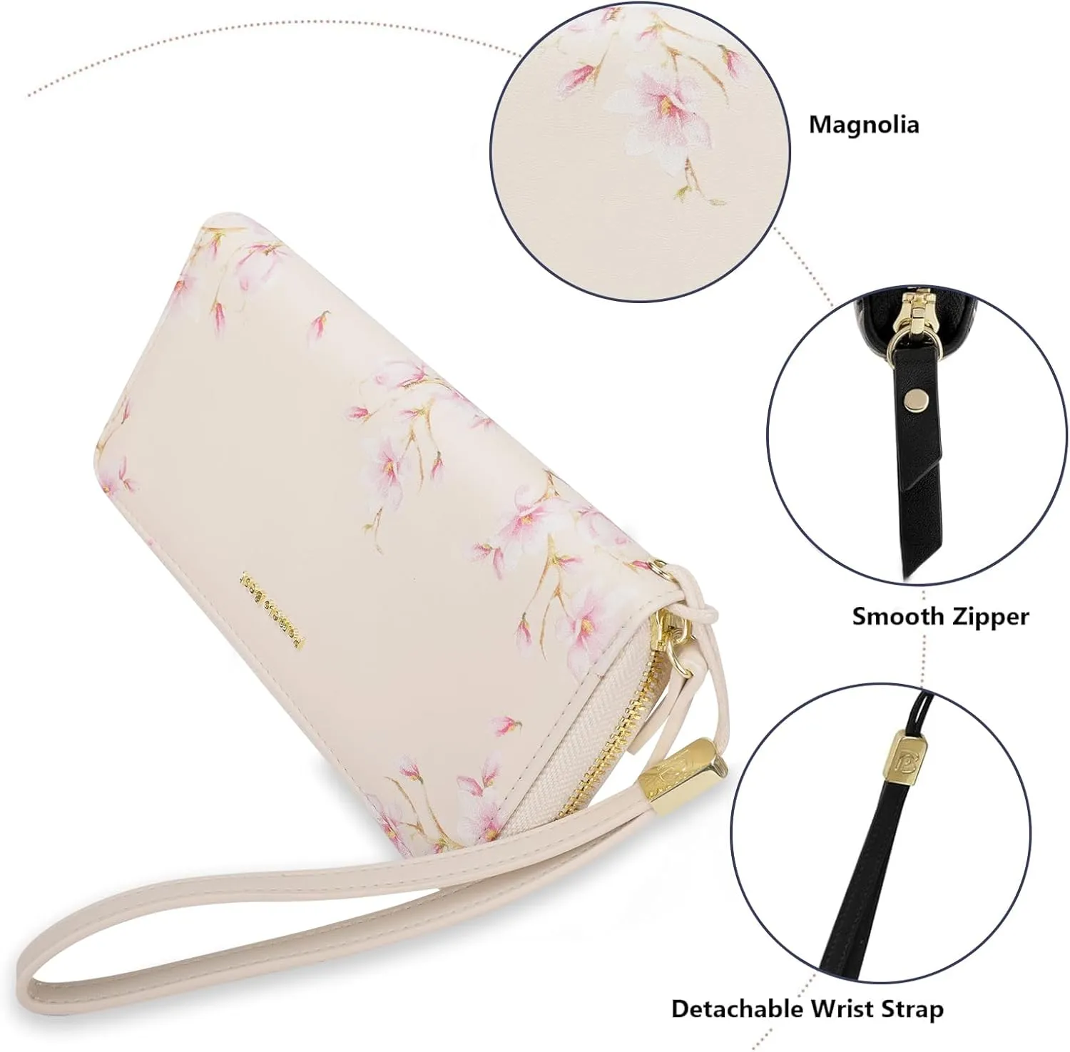 Pomelo Best Womens Wallet RFID Blocking Leather Multi Credit Card Large Capacity Zip Around Wallet Clutch Wristlet Floral Travel Long Purse Ivory White