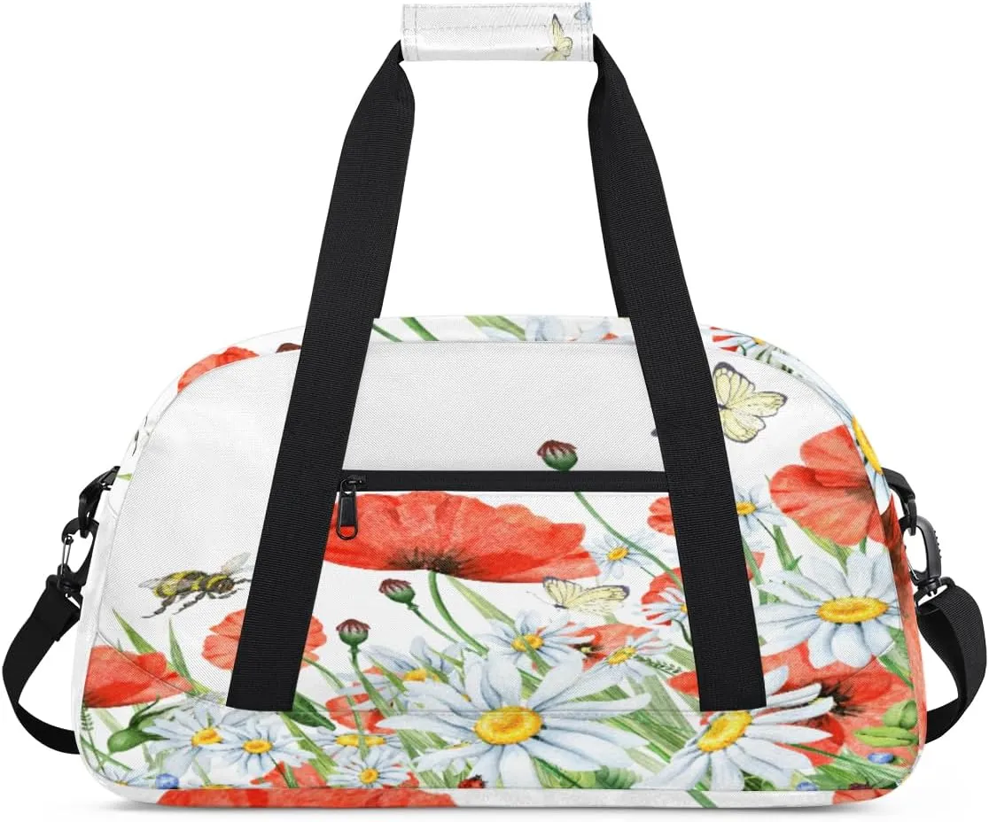 Poppy Gym Duffel Bag for Men Women Daisy Butterfly Sports Tote Bag with Adjustable Shoulder Strap for Dance Gymnastics Traveling Outdoor Camping Overnight Stay