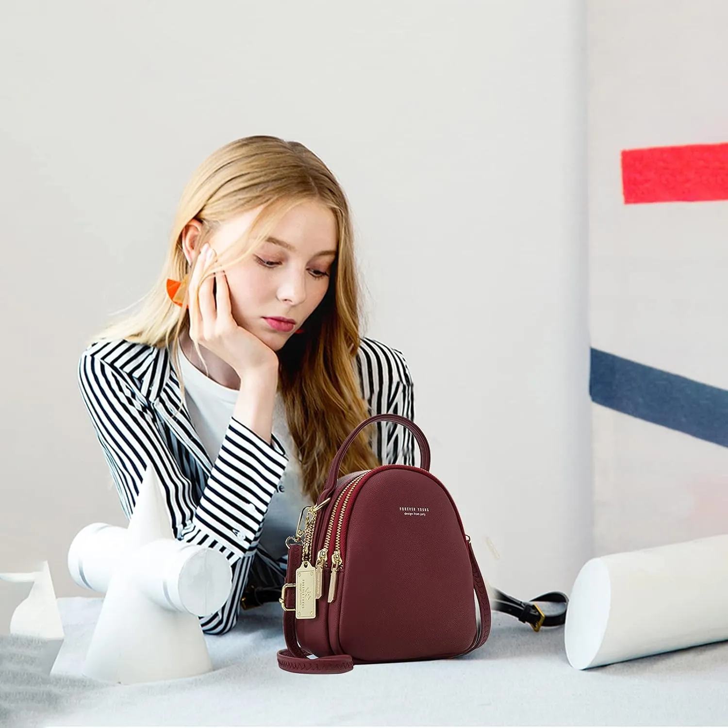 PORRASSO Mini Backpack Women Fashion Handbag Waterproof Cross-body Bag with Earphone Hole Ladies Leather Daypack Dating Travel Small Rucksack Red