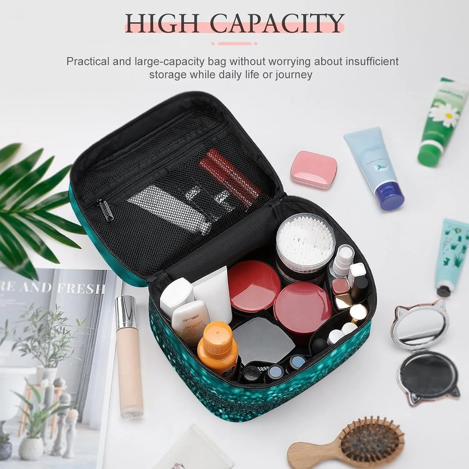 Portable Travel Makeup Bag for Women, Waterproof Toiletry Pouch Teal Turquoise Green Glitter Sparkle Texture Cosmetic Organizer Storage Case with Handle