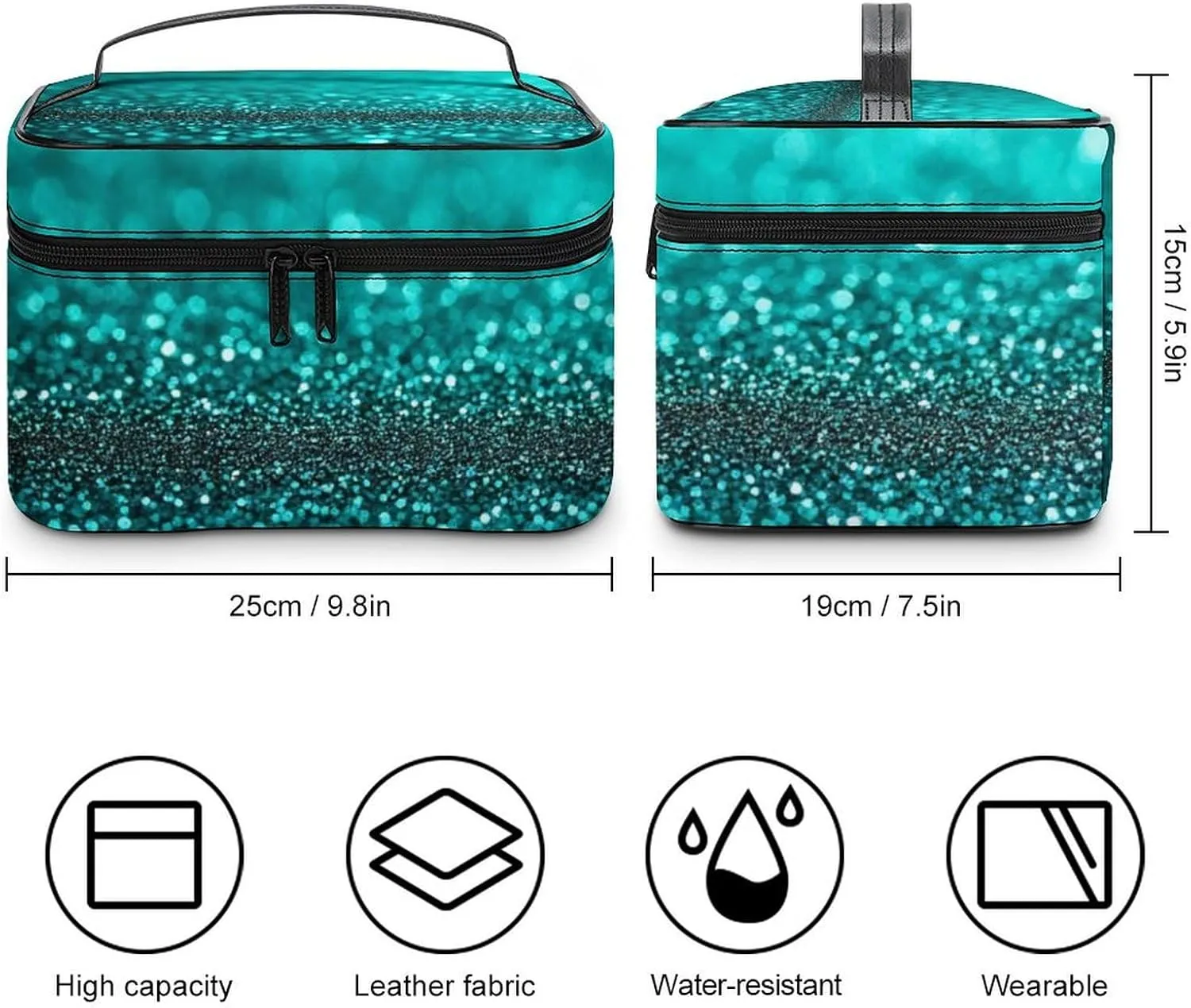 Portable Travel Makeup Bag for Women, Waterproof Toiletry Pouch Teal Turquoise Green Glitter Sparkle Texture Cosmetic Organizer Storage Case with Handle