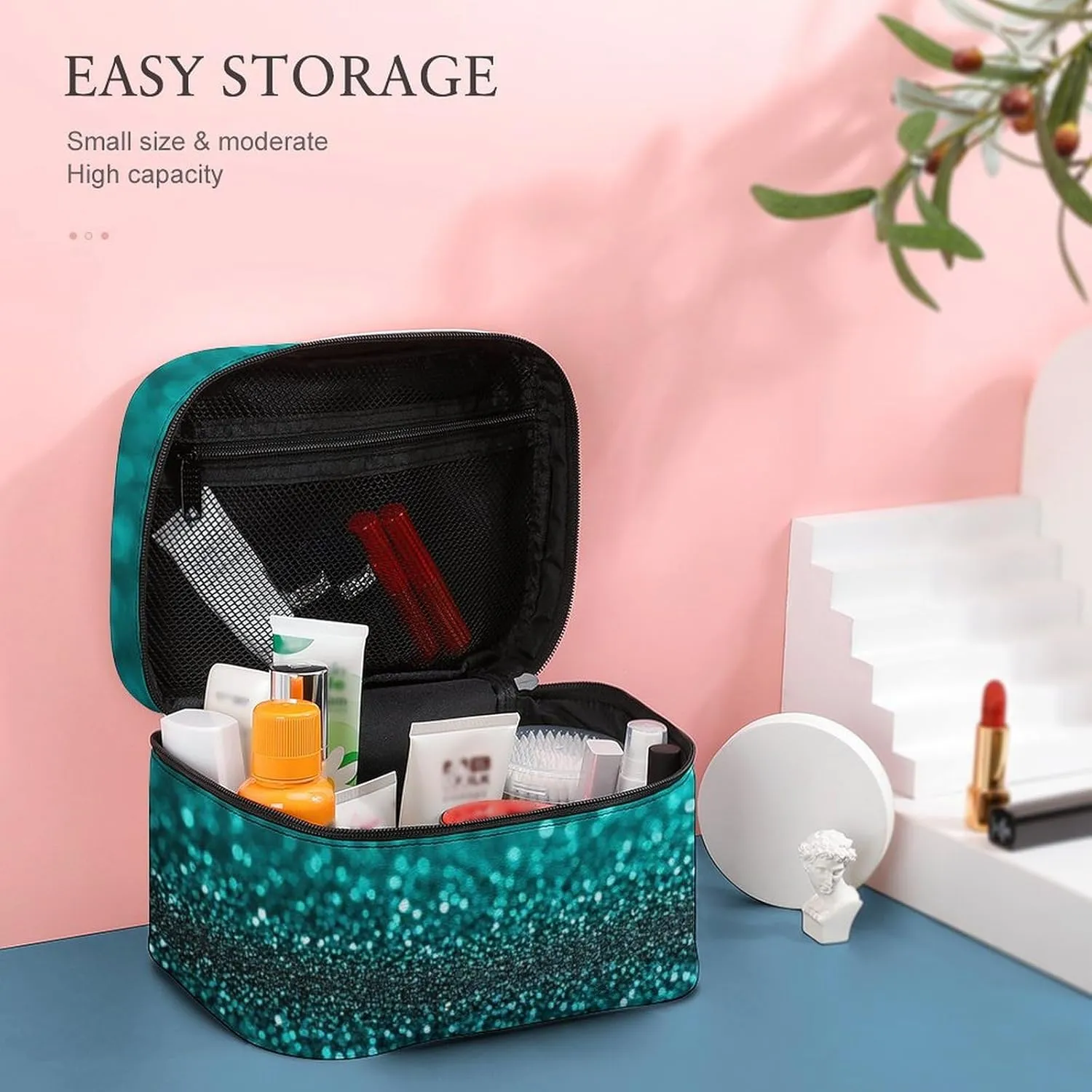 Portable Travel Makeup Bag for Women, Waterproof Toiletry Pouch Teal Turquoise Green Glitter Sparkle Texture Cosmetic Organizer Storage Case with Handle