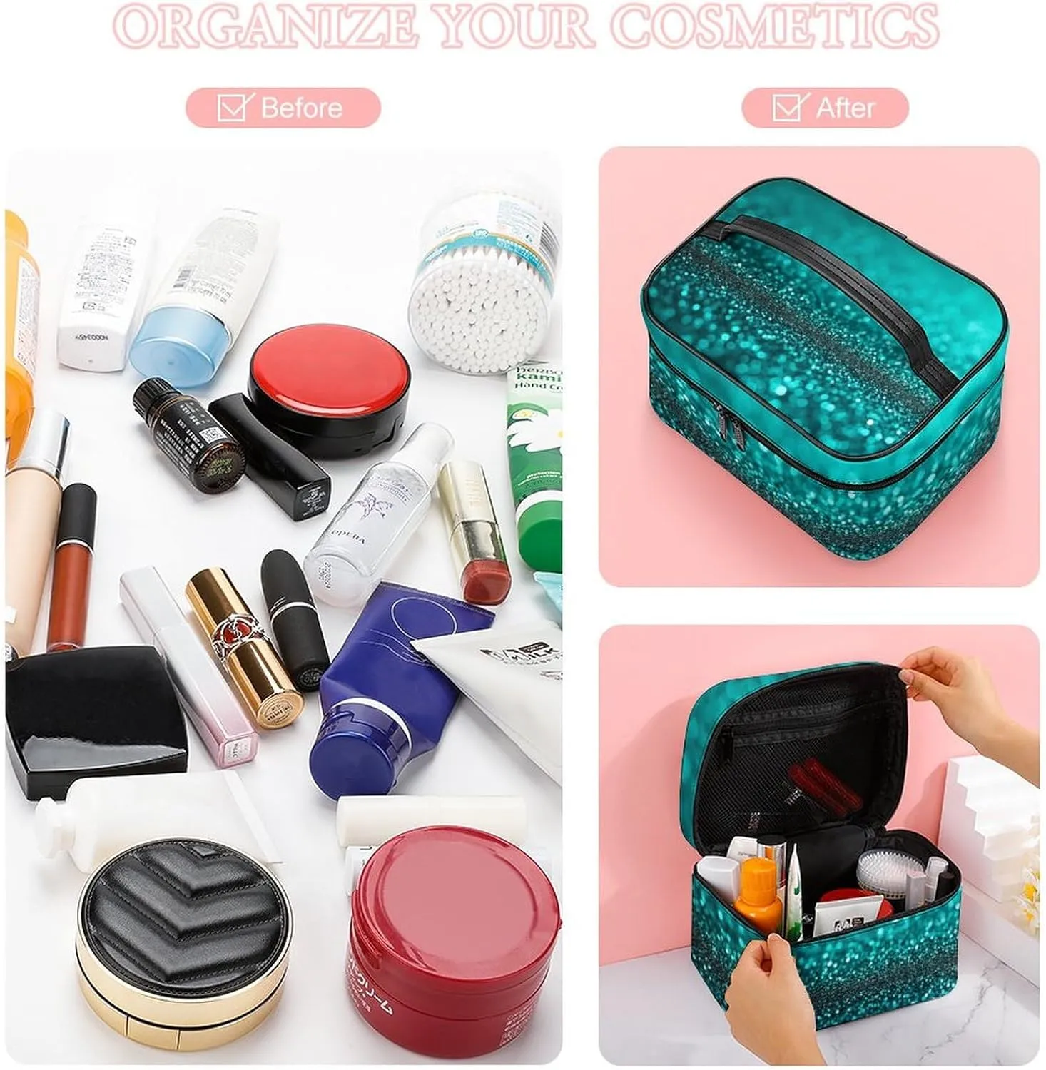 Portable Travel Makeup Bag for Women, Waterproof Toiletry Pouch Teal Turquoise Green Glitter Sparkle Texture Cosmetic Organizer Storage Case with Handle
