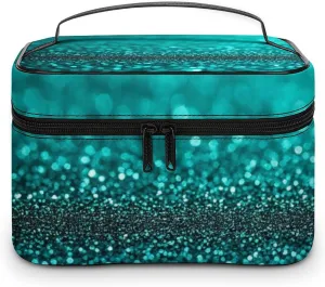 Portable Travel Makeup Bag for Women, Waterproof Toiletry Pouch Teal Turquoise Green Glitter Sparkle Texture Cosmetic Organizer Storage Case with Handle
