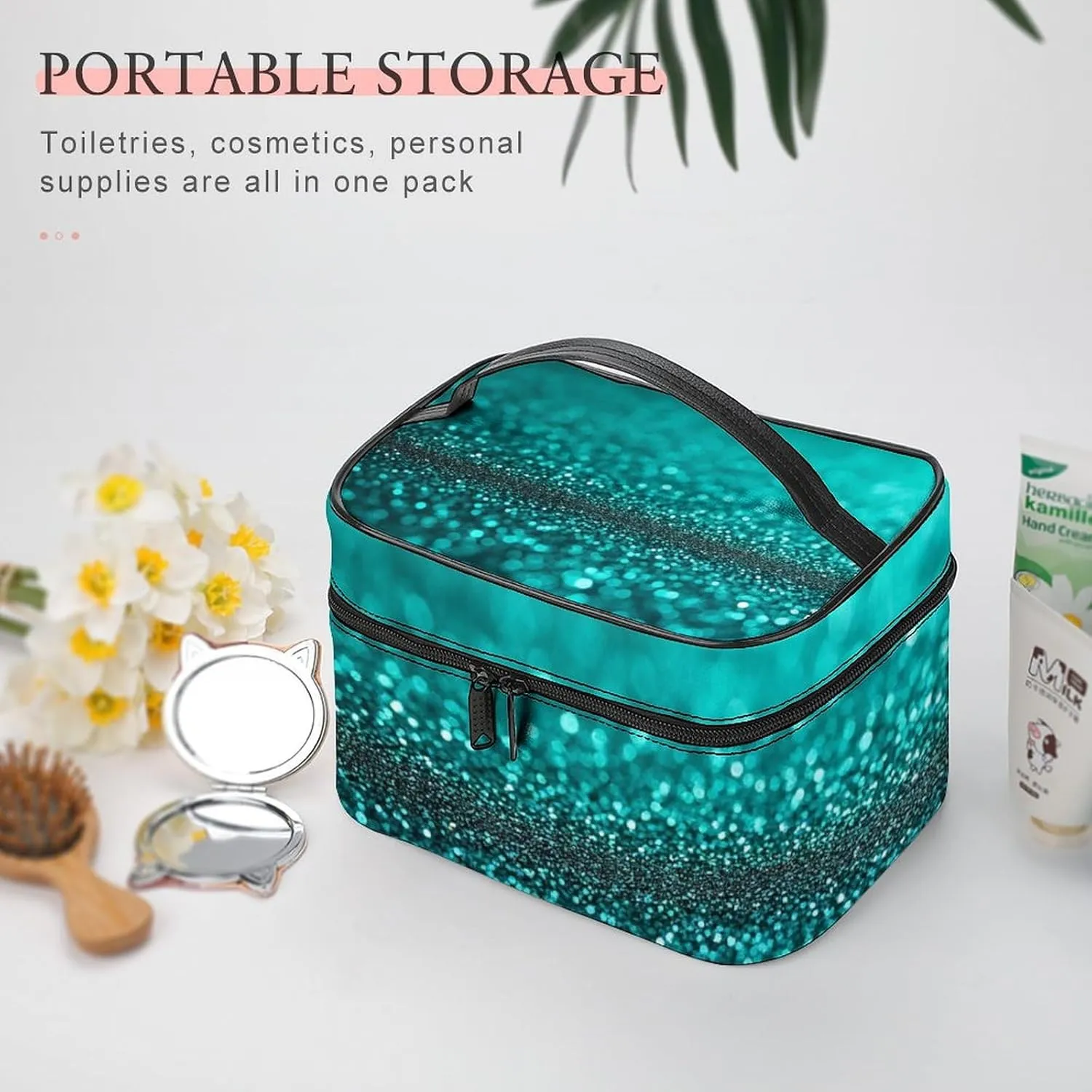 Portable Travel Makeup Bag for Women, Waterproof Toiletry Pouch Teal Turquoise Green Glitter Sparkle Texture Cosmetic Organizer Storage Case with Handle