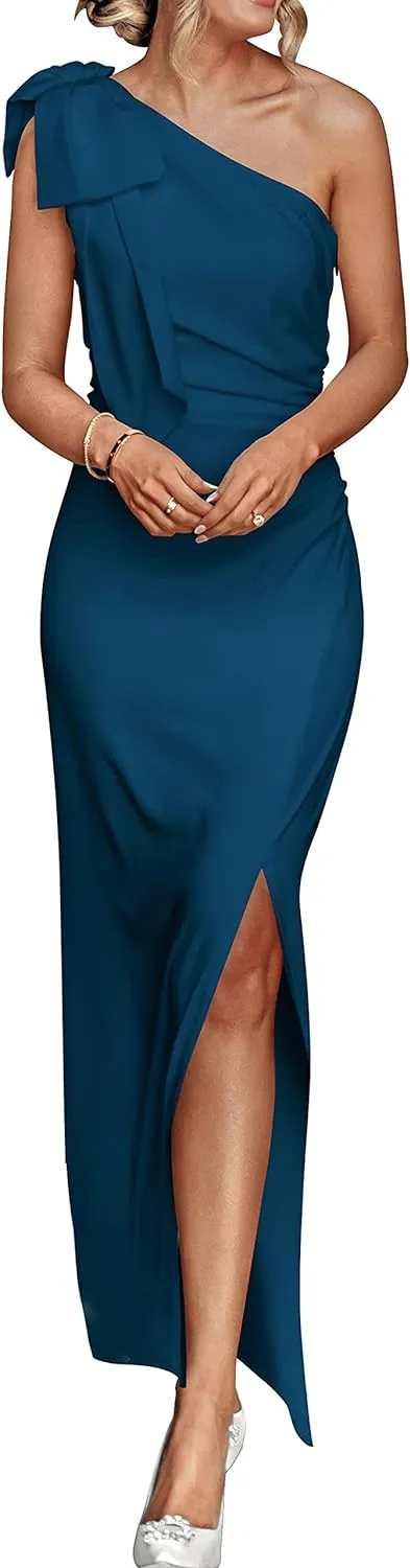 PRETTYGARDEN Summer One Shoulder Long Formal Women's Dress Sleeveless Ruched Bodycon Wedding Guest Slit Maxi Dresses