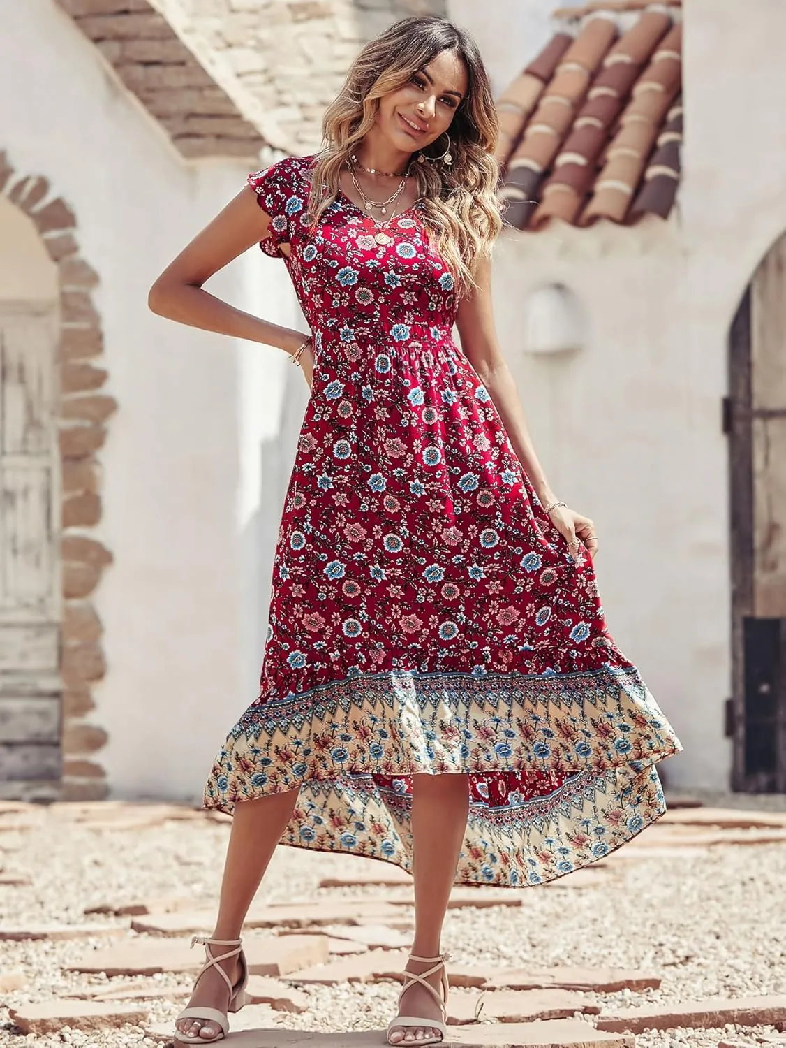 PRETTYGARDEN Women's Summer Maxi Dresses Casual Floral V Neck Cap Sleeve Boho High Low Flowy Sundresses Beach Midi Dress