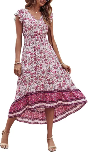 PRETTYGARDEN Women's Summer Maxi Dresses Casual Floral V Neck Cap Sleeve Boho High Low Flowy Sundresses Beach Midi Dress