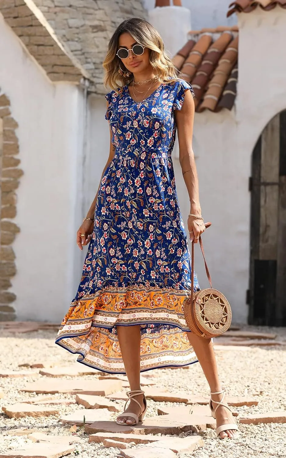 PRETTYGARDEN Women's Summer Maxi Dresses Casual Floral V Neck Cap Sleeve Boho High Low Flowy Sundresses Beach Midi Dress