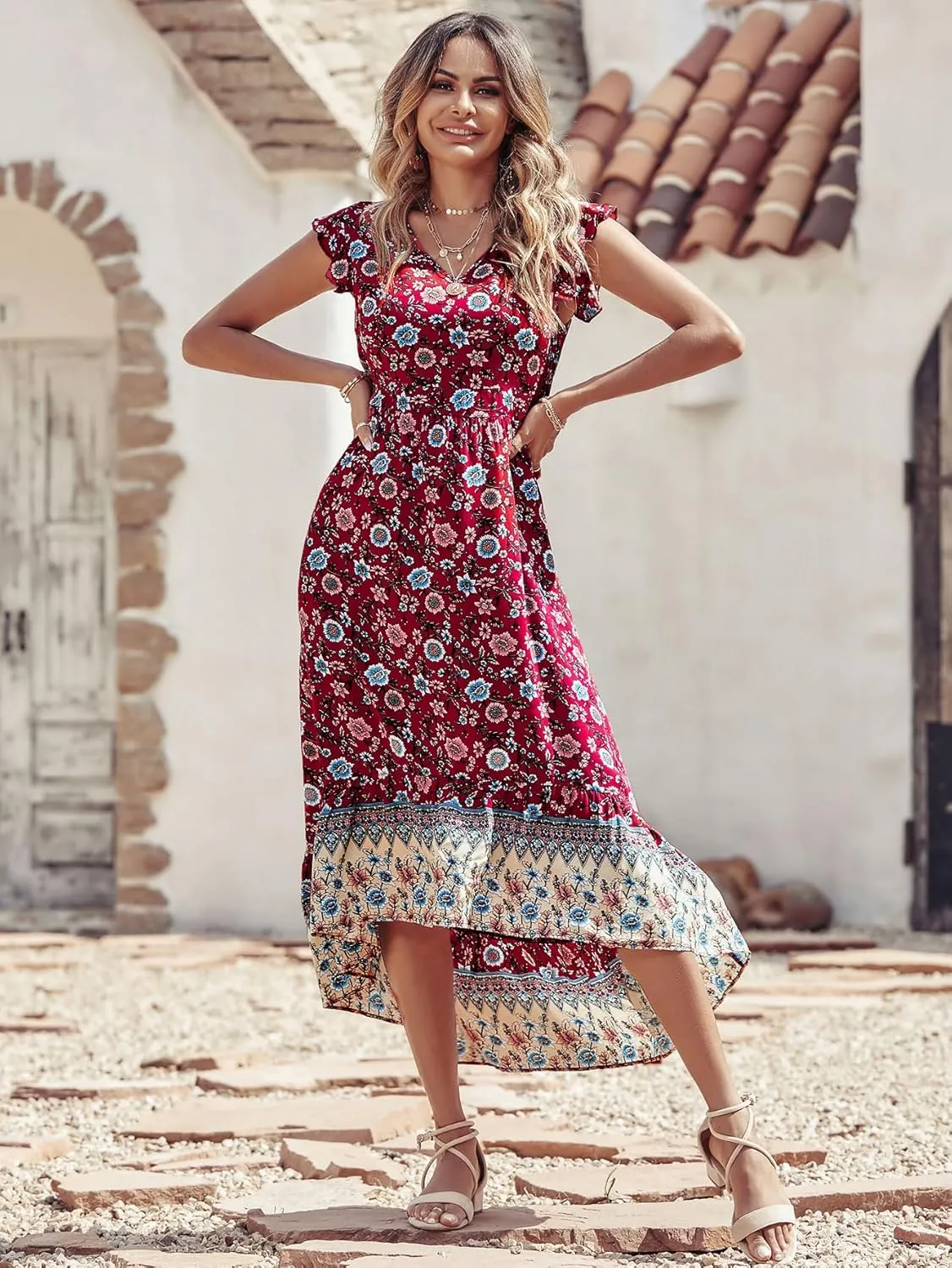 PRETTYGARDEN Women's Summer Maxi Dresses Casual Floral V Neck Cap Sleeve Boho High Low Flowy Sundresses Beach Midi Dress
