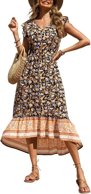 PRETTYGARDEN Women's Summer Maxi Dresses Casual Floral V Neck Cap Sleeve Boho High Low Flowy Sundresses Beach Midi Dress