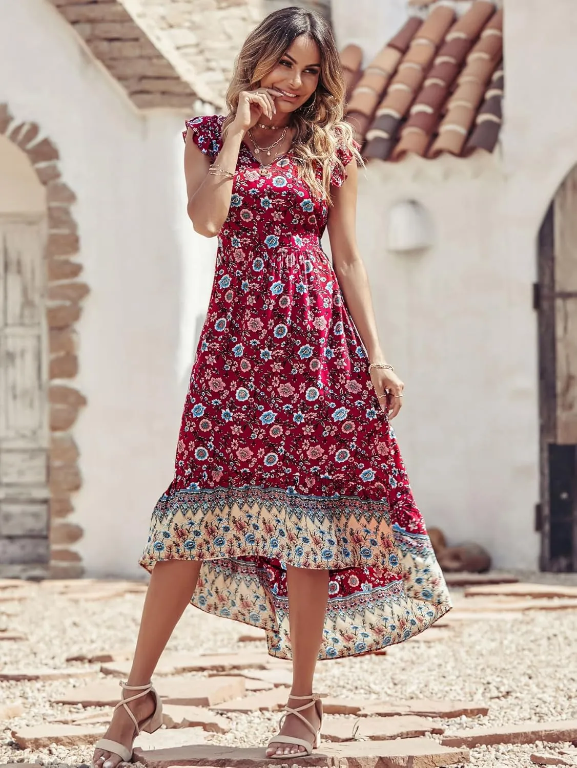 PRETTYGARDEN Women's Summer Maxi Dresses Casual Floral V Neck Cap Sleeve Boho High Low Flowy Sundresses Beach Midi Dress