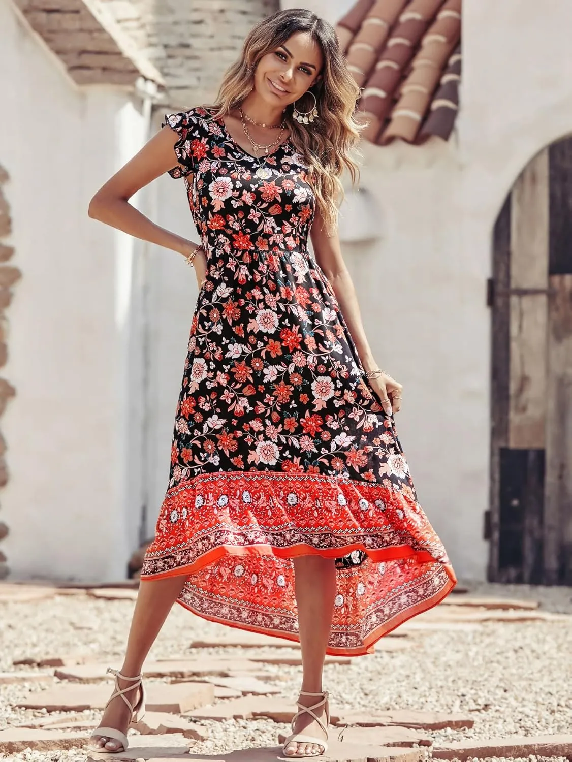 PRETTYGARDEN Women's Summer Maxi Dresses Casual Floral V Neck Cap Sleeve Boho High Low Flowy Sundresses Beach Midi Dress