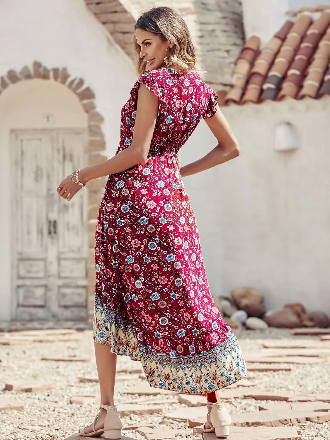 PRETTYGARDEN Women's Summer Maxi Dresses Casual Floral V Neck Cap Sleeve Boho High Low Flowy Sundresses Beach Midi Dress