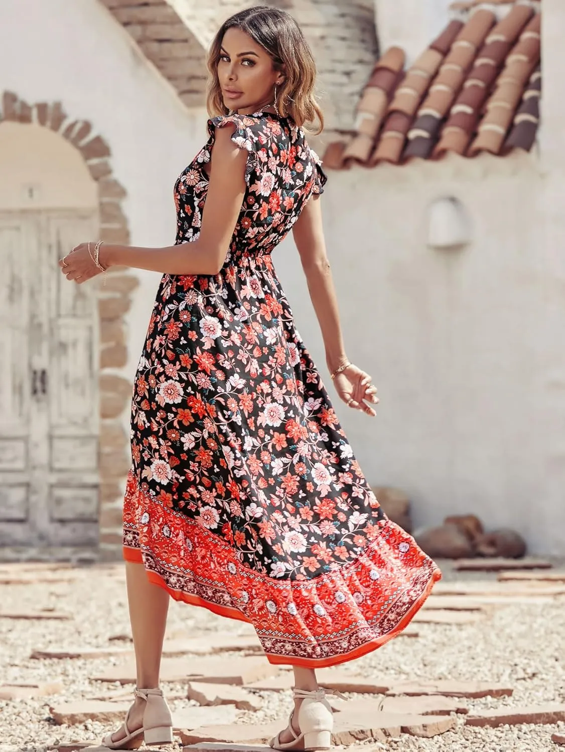 PRETTYGARDEN Women's Summer Maxi Dresses Casual Floral V Neck Cap Sleeve Boho High Low Flowy Sundresses Beach Midi Dress